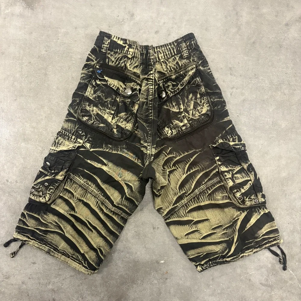 Jerky Style & Classic Mens Tiger Stripe Acid Wash Cargo Shorts Black Tan 34